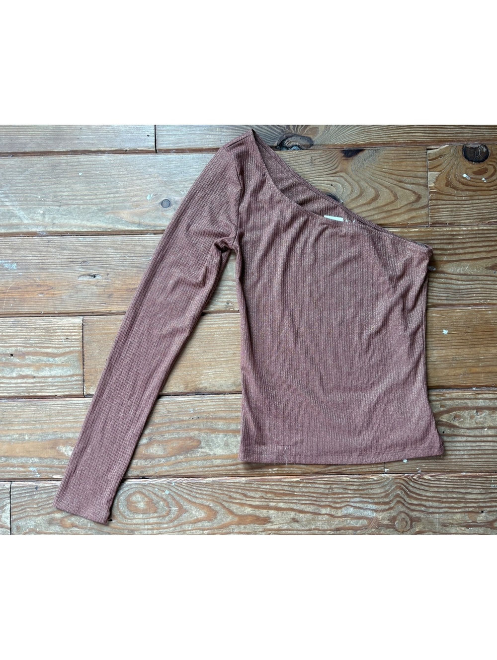 NWT Aeropostale One Shoulder Shimmer Rib Knit Top Small Rose Gold Metallic Y2K